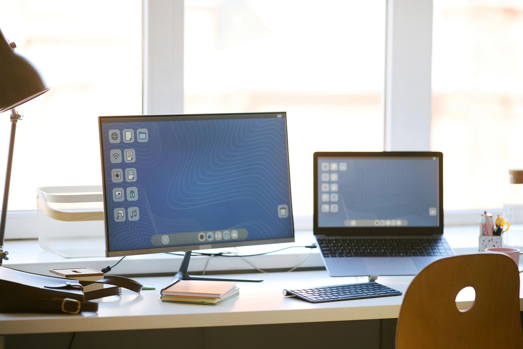 Modern branding workspace with desktop computer and laptop